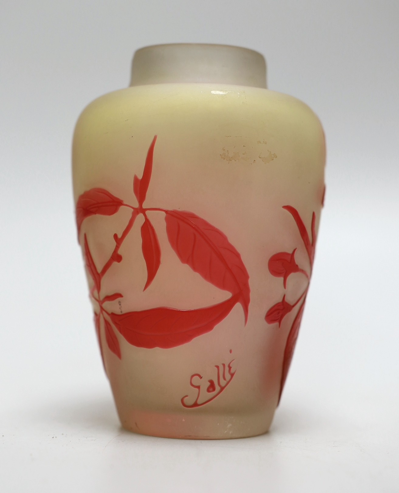 A Galle pink cameo glass vase with floral decoration, c.1910, 12cm high